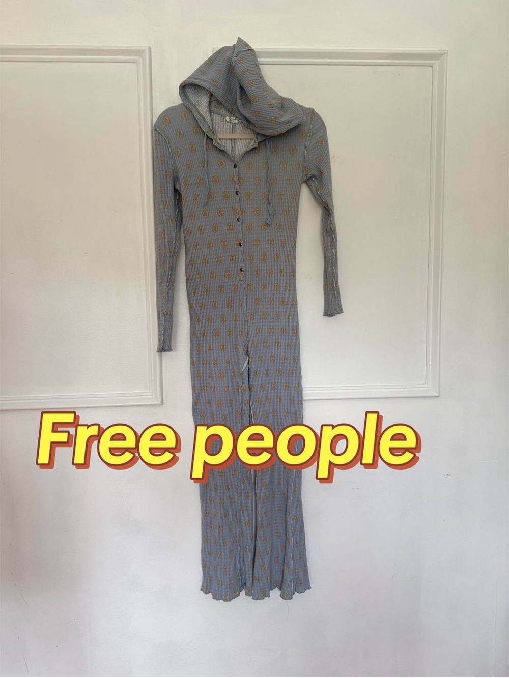 Free People Light Blue Hooded Ribbed Jumpsuit with Tan Dot Print